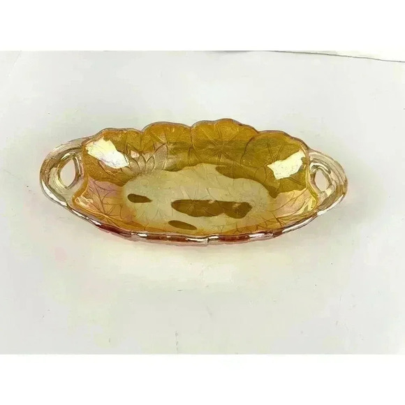 VTG Indiana Carnival Glass Marigold Trinket Dish Handles Embossed Floral Oval - Picture 2 of 11